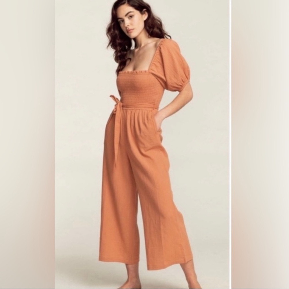 Billabong Boardwalker Jumpsuit in Sunburnt Orange Puff Sleeve Gauze, size XS